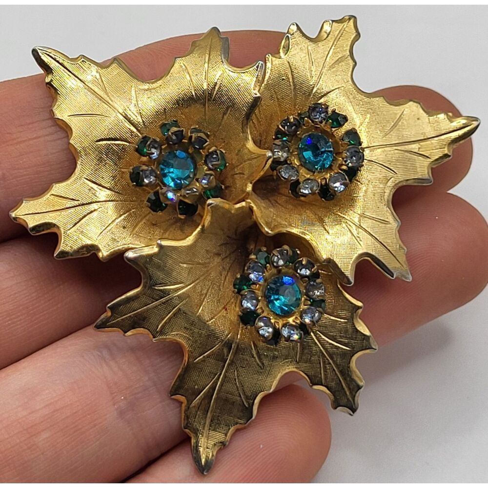 Vintage Gold Plated Triple Leaf Rhinestone Floret Brooch Aqua Blue Emerald 2.5”